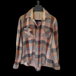 Vintage 70's Ferrante Plaid Button Down Shirt XL Brown Acrylic Flannel